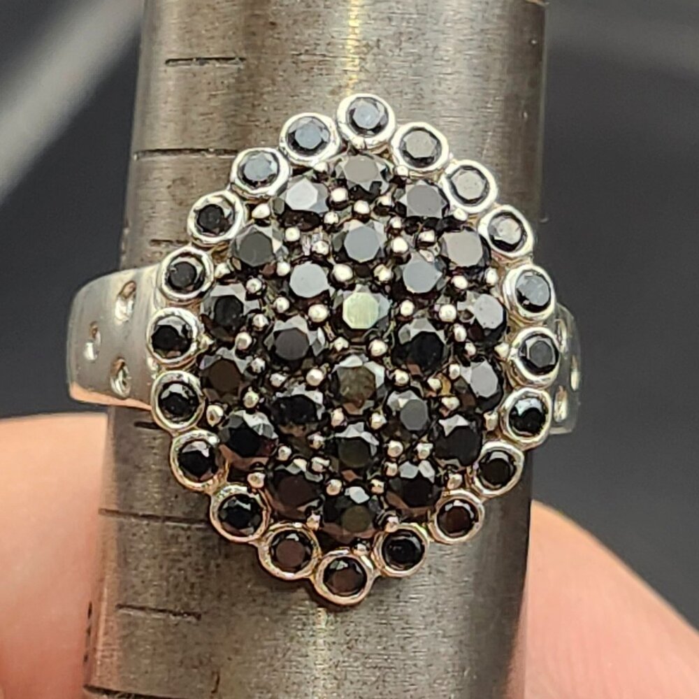 Vintage Sterling Silver 925 Black Spinel Ring Sz 8 Faceted Round Stones Tested